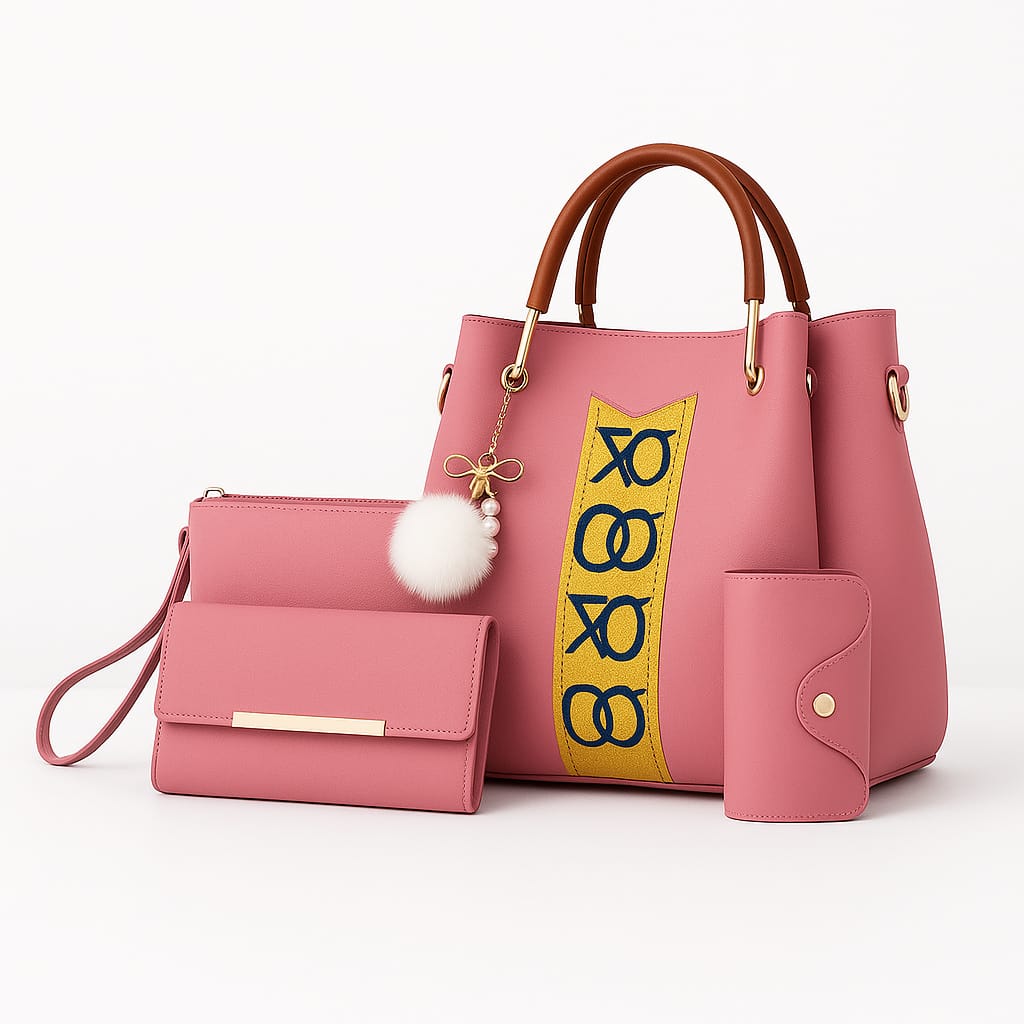 Elegant 4-Piece Pink Handbag Set for Women – Stylish Tote, Shoulder Bag, Wallet & Card Holder