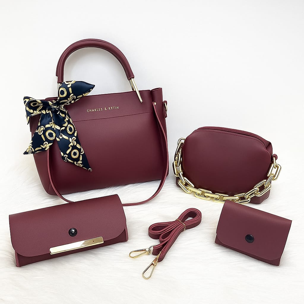 Elegant 4-in-1 Maroon Handbag Set for Women | Stylish Shoulder Bag, Crossbody, Clutch & Wallet | Premium Gift Set