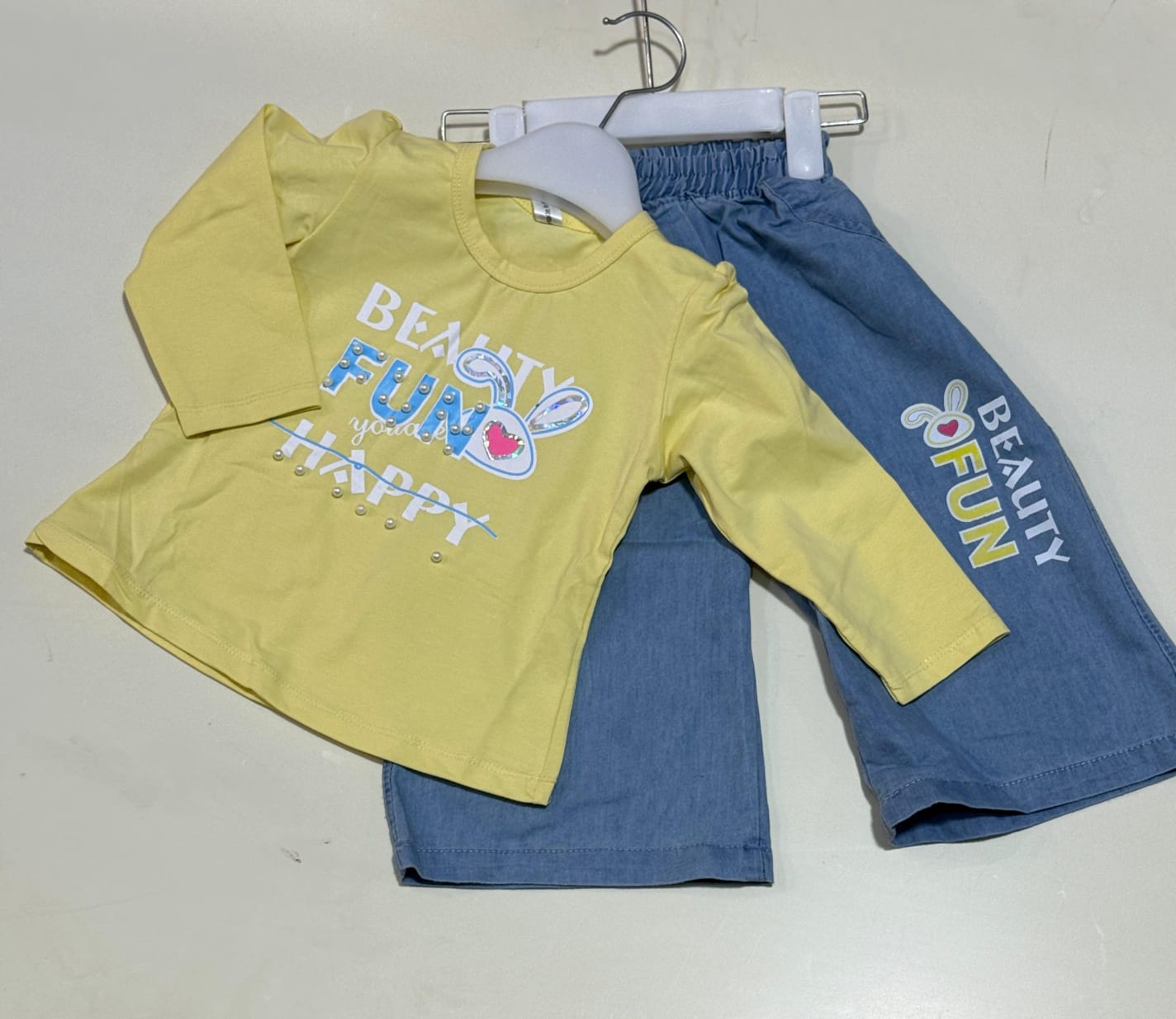 Girls Cotton Outfit Set - "Beauty Fun Happy" Top & Denim Shorts | Toddler Clothing Set