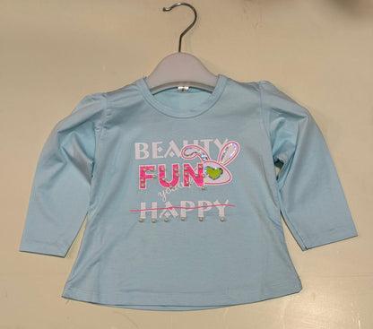 Girls Cotton Outfit Set - "Beauty Fun Happy" Top & Denim Shorts | Toddler Clothing Set