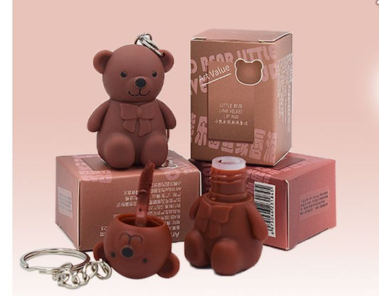 Cute Teddy Bear Lipstick Keychain – Portable Matte Lip Gloss for Women